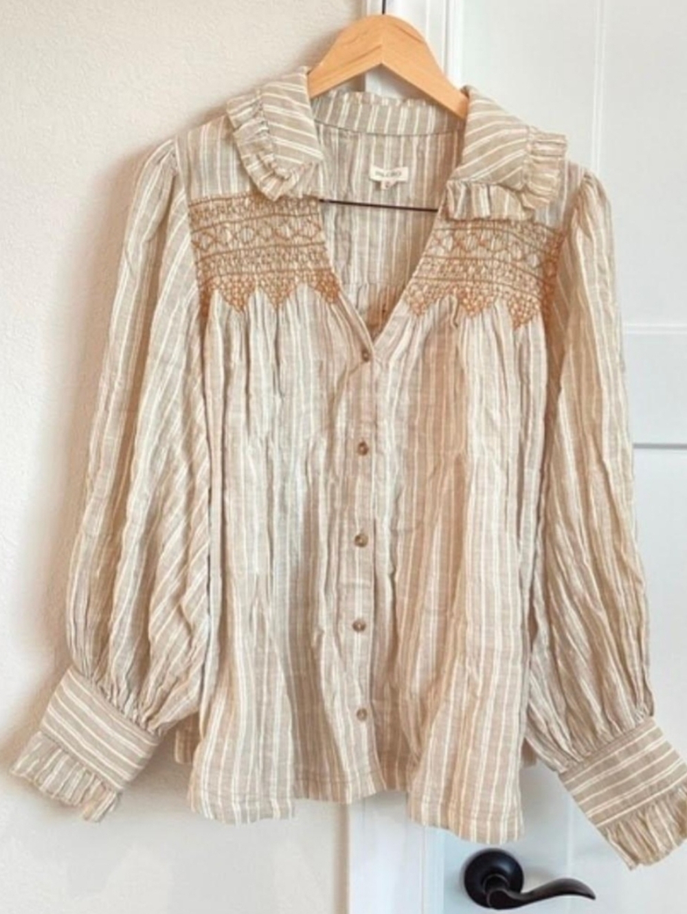 Woven Button-Front Women's Top in Cream with Embroidered Yoke L XL Oversized